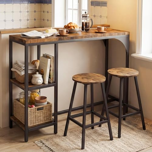 MAXLEAD Small Breakfast Dining Table and 2 Bar Stools Set, Kitchen Table with Storage Shelves, Rustic Industrial Space Saving Table for Small Kitchens/Studio Flats