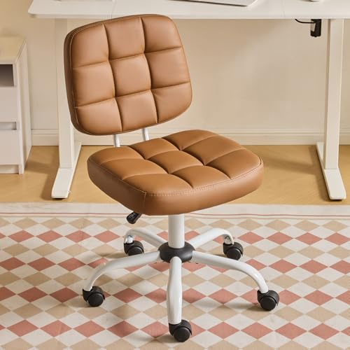 Bonnlo Armless Office Swivel Computer Desk Chair with Wheels, Height Adjustable Vanity Chair without Armrest, Dressing Table Stool for Small Space, Bedroom, PU Leather, Brown