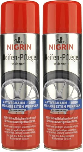 NIGRIN Reifenpflege Schaum-Reiniger, 500 ml, schützt Autoreifen vor UV-Strahlen, Schmutz und Salz, beugt vorzeitiger Alterung und Versprödung der Reifen vor (Packung mit 2)