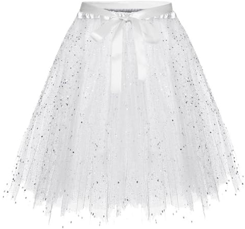 Glitzer Rock Pailletten Pailletten-Rock Konfetti Galaxy Kostüm Damen Stern Weißer Tüllrock Weiß Hochzeit Rockabilly Minirock Ballettrock Cosplay Tanzrock Karneval Party Outfit Mit Gürtel Tütü Weiss