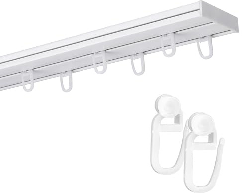 Fenster DEKOR Gardinenschiene 2-läufig – PVC Vorhangschiene zur Deckenmontage, Deckenschiene für Vorhänge, Weiß, mit Haken mit Rolle, 150 cm