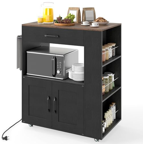 COSTWAY Küchenwagen mit Rollen, Servierwagen mit Arbeitsplatte, Ladestation, Schublade & 3 Gewürzregalen, mobiler Kücheninsel Holz, Mikrowellenschrank für Küche Esszimmer (Schwarz,75 x 46 x 90,5 cm)