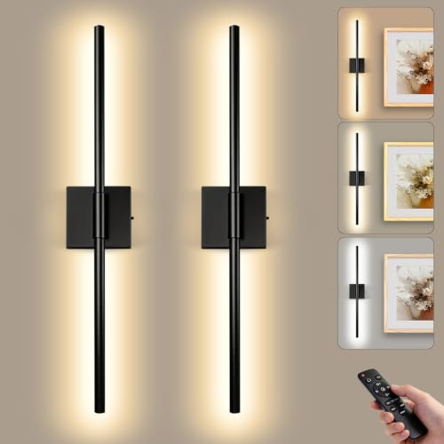 Rechargeable Wall Sconce Lights 2 Pack, 10000mAh Battery Operated Wall Lights Indoor with Remote, 3 Colour Temperatures, Dimmable and Timer, Wireless Black Wall Lights for Living Room Bedroom Hallway