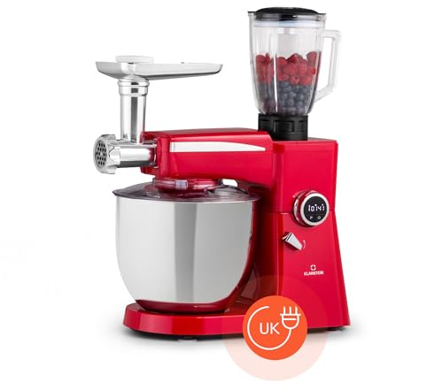 Klarstein Food Processor Blender Multifunctional, 2000W Food Blender with Meat Mincer, 3 in 1 Blenders, Mixers & Food Processors for Kitchen, 10L Food Processors Combo & Stand Mixer Soft Red