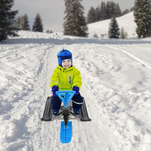 Slitta con freno, slitta per bambini e adulti, portata 100 kg, con volante, pedale antiscivolo, sedile in poliuretano, slittino sterzante, giocattolo invernale