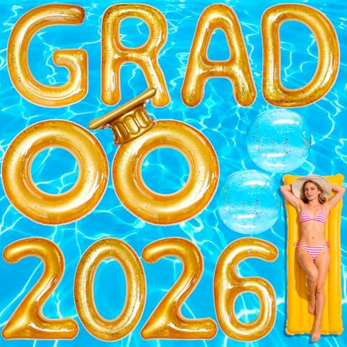 Piemow 2026 Pool Graduation Decorations - 14 Pcs Gold Glitter Inflatable Float Letters & Beach Balls, Adult Grad Party Supplies for Class of 2026 Swimming Pool Celebrations