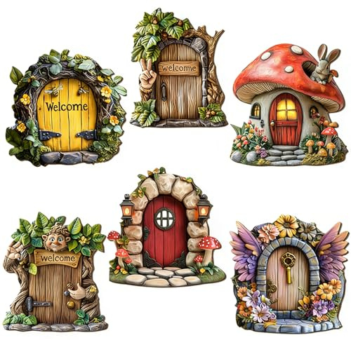 6Pcs Wooden Fairy Door, Mini Fairy Doors for Garden, Miniature Yard Ornaments, Fantasy Forest Decoration for Garden Yard Trees, Fairy Garden Accessories for Door, Fences & DIY Craft
