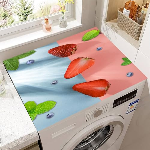 Hearda Housse Machine a Laver Fraise 3D, Dessus Tapis Lave Linge Antidérapant, Housse de Protection pour Machine à Laver Top, Tapis de Protection pour Dessus Sèche-Linge (Feuille Verte,30x40cm)