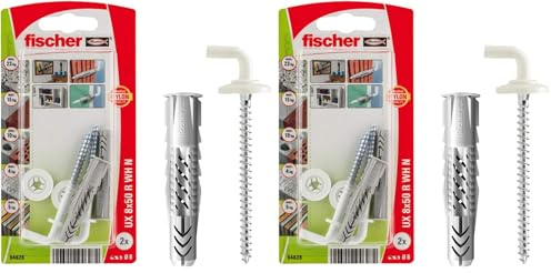 Fischer Tasselli UX 8 x 50 con Ganci Design, Bianco, 2 Pezzi, per Muro Pieno, Forati, Cartongesso, 94628 (Confezione da 2)