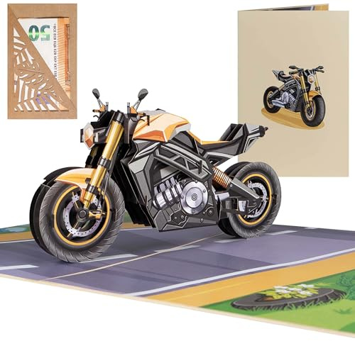 Sweetpopup® 3D Pop-Up Karte Motorrad – Geldgeschenk für Biker | Mit Geldgeschenk-Verpackung, Notizkarte und Umschlag – 3D Motorradmotiv für Geburtstag, Führerschein, Ruhestand & Tour