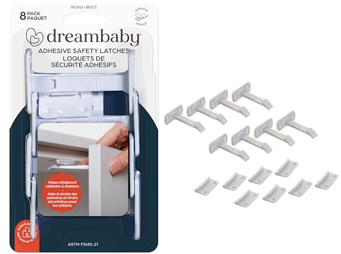 Dreambaby Adhesive Safety Latches for Drawers & Cabinets, White, 8 Count