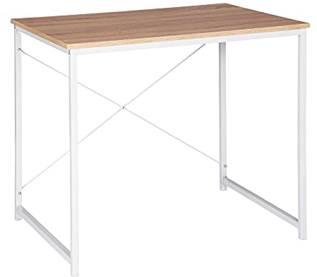 WOLTU Scrivania Salvaspazio, Tavolo per Computer, Rovere Chiaro + Bianco per Studio, Home Office, Camera da Letto, in Legno e Metallo, 80x60x70 cm
