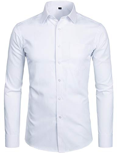 ZEROYAA Men's Long Sleeve Dress Shirt Solid Slim Fit Casual Business Formal Button Up Shirts with Pocket ZSSCL01 White Small