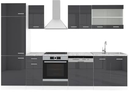 Vicco Küchenzeile R-Line, Anthrazit Hochglanz/Weiß, 300 cm | 8 Module · Höhenverstellbare Füße · AP Marmor inkl. · Robuste Fronten · Mit Kühlschrankumbauschrank · Frei kombinierbar