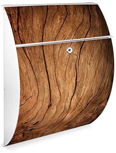 banjado Design Briefkasten - Modell Riviera 46x33,5x13cm groß - verzinkter Stahl weiß - Postkasten Öffnungsstopp großer A4 Einwurf Zylinderschloss 2 Schlüssel - Motiv Trockenes Holz