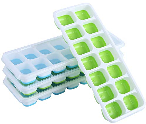 Stampo in silicone per cubetti di ghiaccio con coperchio (4 pezzi) 14 contenitori per cubetti di ghiaccio in silicone, certificato LFGB e senza BPA, verde/blu, impilabile, Ice Cube