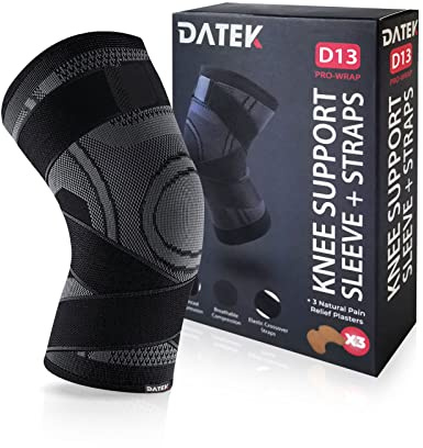 Datek Knee Brace Support Sleeve with Adjustable Straps. Unisex compression to relieve pain, Meniscus tear, Arthritis. FREE 3 Natural Pain Relief Plasters. Sports Suitable. (M), Black