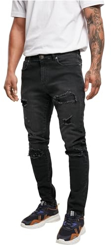 Urban Classics Heavy Destroyed Slim Fit Jeans, Pantalones Hombre, Negro (Realblk Heavy Destroyed Washed), 33/32