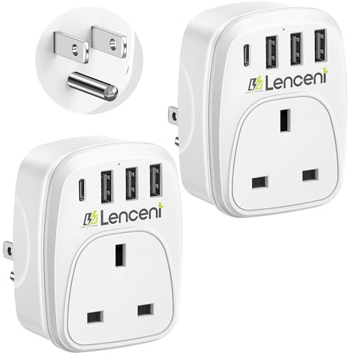 LENCENT 2 Packs UK to US Plug Adapter with 3 USB Ports and 1 Type C, Grounded America Travel Adapter for USA Mexico Canada Thailand and More (Type B)