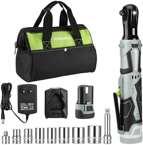 WORKPRO Elektrische Ratschenschlüssel Set, 12V Akku-Ratsche, 3/8, 55 Nm, Kabelloser Ratschenschrauber mit 1 x 2,0 Ah Akku, LED-Licht, inkl. 9 Stecknüsse, Aufbewahrungstasche, Ladegerät