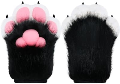 BNLIDES Cosplay Fursuit Paw Guanti Peloso Artiglio Guanti Built-in Fischietto Decompressione Giocattoli Costume Party Accessori per Adulti, Nero-bianco, Medium