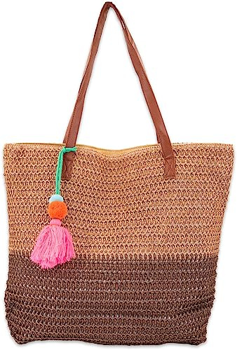 styleBREAKER Damväska Bast strandväska 45 x 13 x 46 cm med dragkedja | Tvåfärgad korgväska med tofs | flätad väska med långa handtag för strand och shopping, Brun-mörkbrun, Einheitsgröße