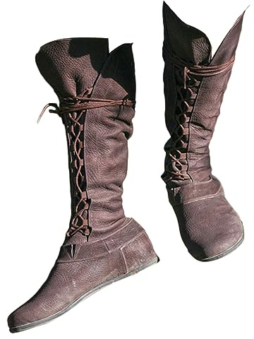 ORANDESIGNE Botas Medievales de Cuero PU Retro Mujeres Hombres Caballero Pirata Disfraz Tobillo Corto Botas de Fondo Plano Zapatos de Vendaje Gótico para Cosplay Fiesta de Carnaval D Marrón 44 EU