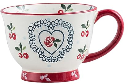 Handbemalte Keramiktasse mit 440 ml Fassungsvermögen, geeignet für Paare mit großem Fassungsvermögen, Frühstück, Kaffee, Milch, großer Bauchbecher, Kirsch-Becher mit umgekehrtem Mund