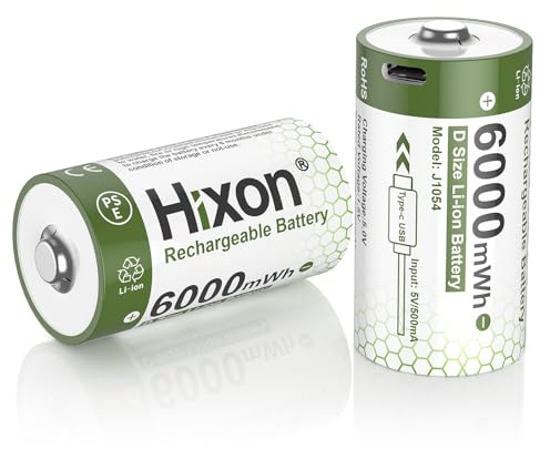 Hixon 1.5 V Rechargeable Lithium D Battery USB C, Pack of 2
