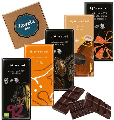 Björnsted Schokolade Premium Mix Set - natural Qualitäts-Schokolade - 92%, 85%, Salty Caramel Milk, Cappuccino, Dark Orange 70% - Jawela Probierset - Geschenk