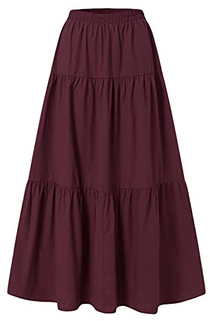 Skang Maxi Rock Für Damen Sommer Damen-Frühling/Sommer, lässig, hohe Taille, Baumwolle und Leinen, einfarbig, plissiert, lockerer Swing, halblanger Rock Rock A Linie Knielang