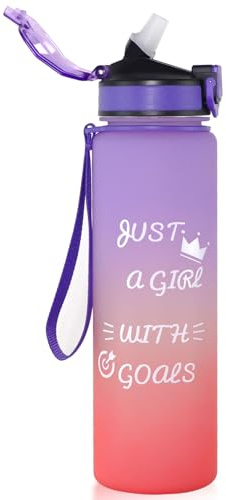 GLEKGLEK Trinkflasche Sport 1L, Wasserflasche mit Strohhalm, Auslaufsicher Sportflasche für Gym, Schule, Yoga, Laufen, Camping (Lila Rosa)