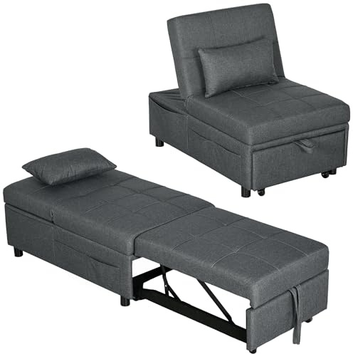 HOMCOM Poltrona Letto Singolo 3 in 1, Poltroncina Reclinabile a 3 Livelli con Rivestimento in Tessuto Effetto Lino e Cuscino, 65.5x104x81 cm, Grigio