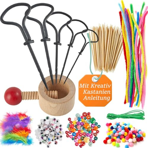 Miuezuth Kastanienbohrer Set mit Kastanienhalter, 326-tlg Kastanien Bastelset für Kinder, 1,5-5 mm Handbohrer und DIY Zubehör zum Basteln von Herbst Kastanienmännchen und Naturmaterialien