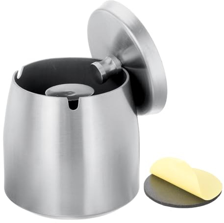 QUARKZMAN Cenicero con Tapa para Pitillos, Cenicero a Prueba de Viento de Acero Inoxidable para Mesa de Oficina en Casa, Patio al Aire Libre, Tamaño Mediano, Color Plata