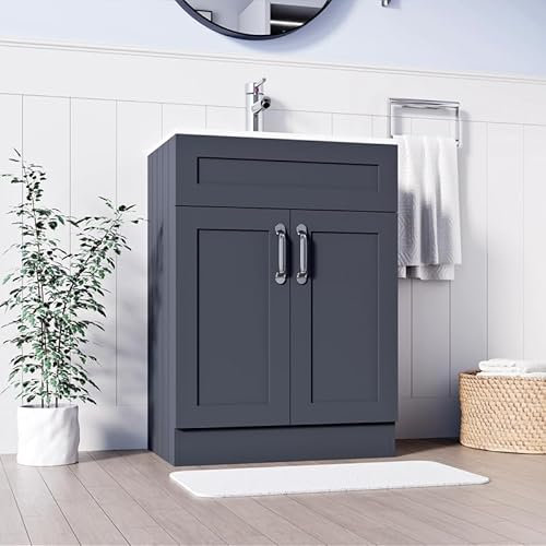 BELOFAY Vanity Unit With Basin | 600mm Floor Standing Bathroom Vanity Units With Basin | 1 Tap Hole Ceramic Bathroom Sink | Lacquered Finish | Waste Included (Crawley Grey)