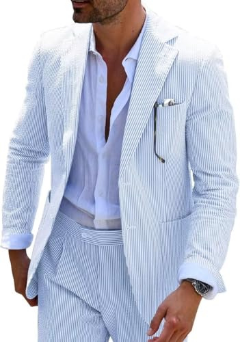 Mrbuerly Men's Striped Seersucker Suits 2 Piece Slim Fit Wedding Tuxedo Summer Beach Light Blue Suit Blazer Pant Sets XL
