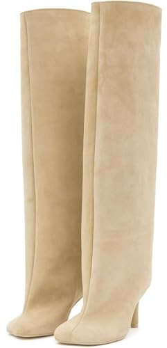 Bottes montantes en daim nude pour femme - Larges mollets - Bout carré - À enfiler - Talon haut - Bottes d'équitation pour femme - Robe tendance, beige, 39.5 EU