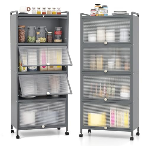 GIANTEX Armario de Cocina de Metal con 4 Compartimentos, 60 x 32 x 154 cm, 4 Puertas Abatibles de PC, Armario de Almacenamiento con 4 Ruedas con Kit Antivuelco, para Cocina, Comedor (Gris)