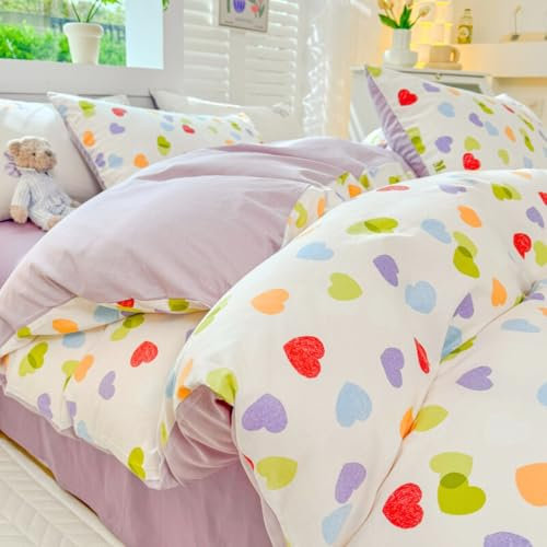 Nayoroom Bettwäsche 155x220 Bunt Herz Lila Bettbezug Set Violett 2teilig Modern Herzen Aesthetic Cute Renforce Mikrofaser Bettwäsche-Set mit Reißverschluss und 1 Kissenbezug 80x80