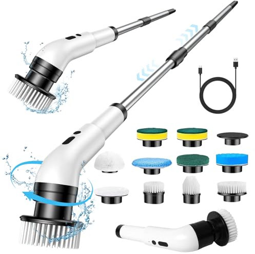 Auveach Spazzola Elettrica Rotante per Pulizia con 10 Testine Sostituibili Motore Potente a 3 Velocità Regolabili con 140cm Manico Allungabile Regolabile per Casa Bagno Cucina Auto (Bianco-Nero)
