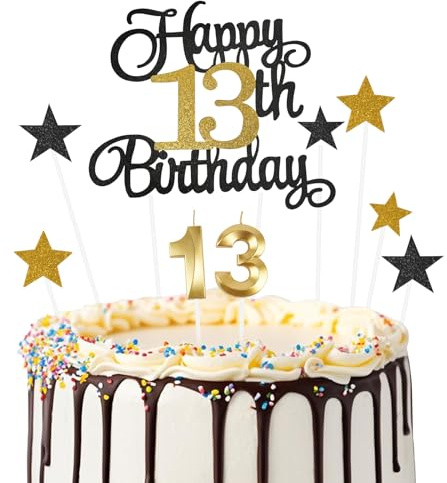 Ainiv Happy 13th Birthday Cake Toppers Set, Black Gold