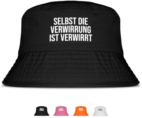 Selbst die Verwirrung ist verwirrt - Lustiger Fischerhut – Der perfekte Sonnenhut für Herren & Damen – Ideal als Malle-Outfit, Party-Accessoire & Festival-Eimerhut für den Strand | Farbe Schwarz