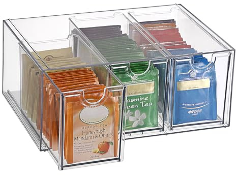 IGNPION Acrylic Tea Bag Organizer Box, Coffee Pods Storage Box with 3 Drawer- Coffee Bar Storage Accessories, Small Desktop Drawer Organiser for Kitchen, Office, Batheroom