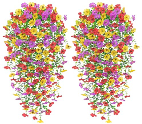 Betylifoy Kunstblumen Hängend 4 Stück Kunstblumen Outdoor Wetterfest Künstliche Hängepflanzen wie Echt 76cm Lang Künstliche Pflanzen UV-Beständig für Draußen Garten Hochzeit (Violett&Gelb&Rot)