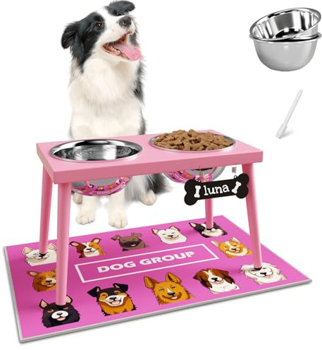 ADENGL Support pour gamelle surélevée pour chiens de grande et moyenne taille, gamelles pour chiens surélevées avec tapis anti-éclaboussures et deux gamelles en acier inoxydable de 58OZ, rose