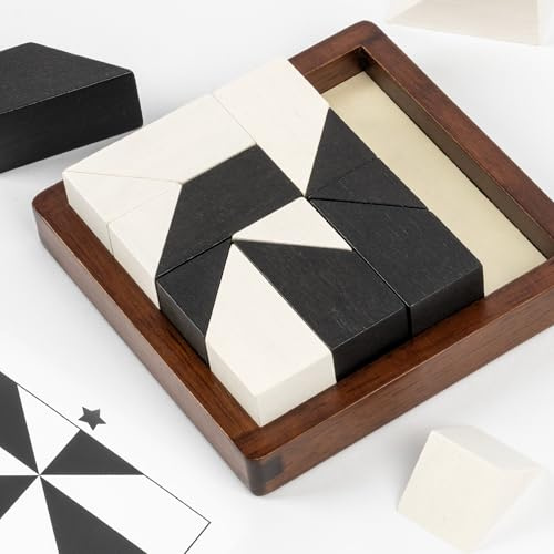 Lingle Wooden Hidden Blocks Puzzle Set, 80 Brain Challenges with Solid Wood Box and Deluxe Black and White Pieces, 3D Space and Logic Thinking Board Toy