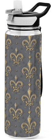 miaozhen Bouteille d'eau réutilisable à double paroi isotherme à motif fleur de lis en métal sans BPA, anti-fuite, avec poignée, pour l'école, garçons et filles, 591 ml, pour salle de sport