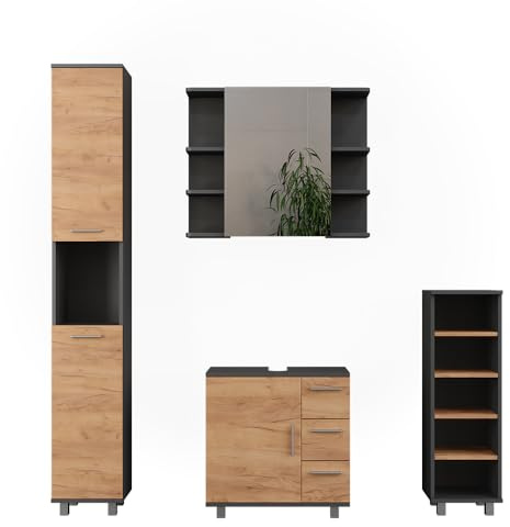 Vicco Badmöbel-Set Ilias, Anthrazit/Goldkraft Eiche, 60.2 cm | besteht aus Waschbeckenunterschrank, Spiegelschrank, Hochschrank und Midischrank
