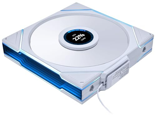 Lian Li UNI FAN TL140 LCD Reverse – 140mm ARGB PWM Fan with LCD Display, White, Reverse Airflow, Wireless Daisy-Chain, Dual-Zone RGB, Controller-Free Installation